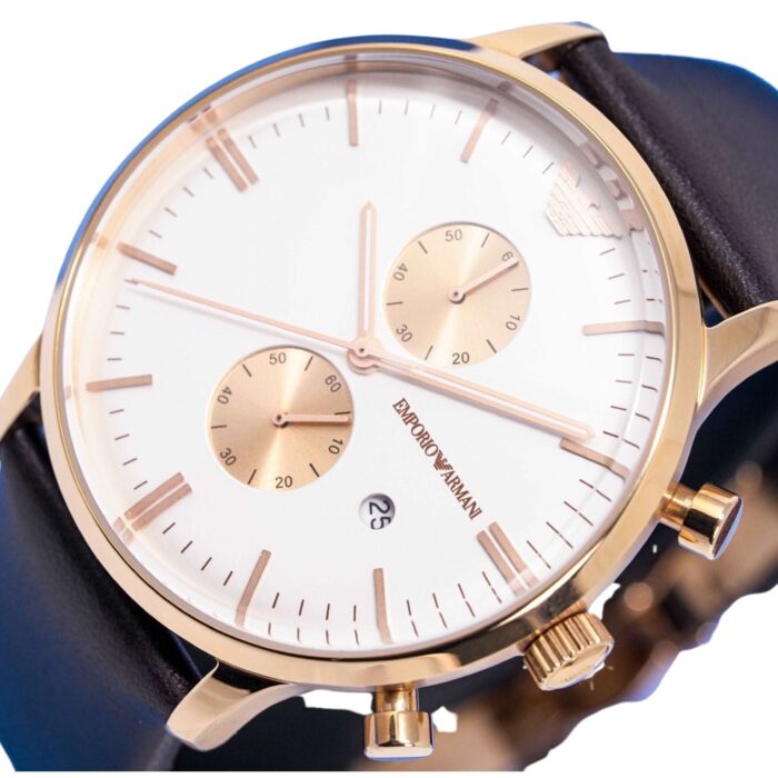 Emporio Armani Men's Rose Gold Chronograph Watch with White Dial and Brown Leather Strap - AR0398 - Image 9